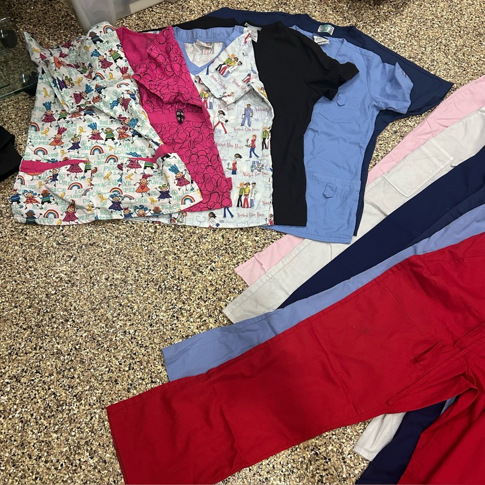 Scrubs 6 tops 6 bottoms with Colorful Print sizes mix xsmall small medium